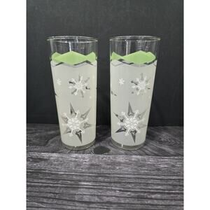 Pair Vintage MCM Atomic Snowflake Frosted Highball Glasses Green Diamond 16oz